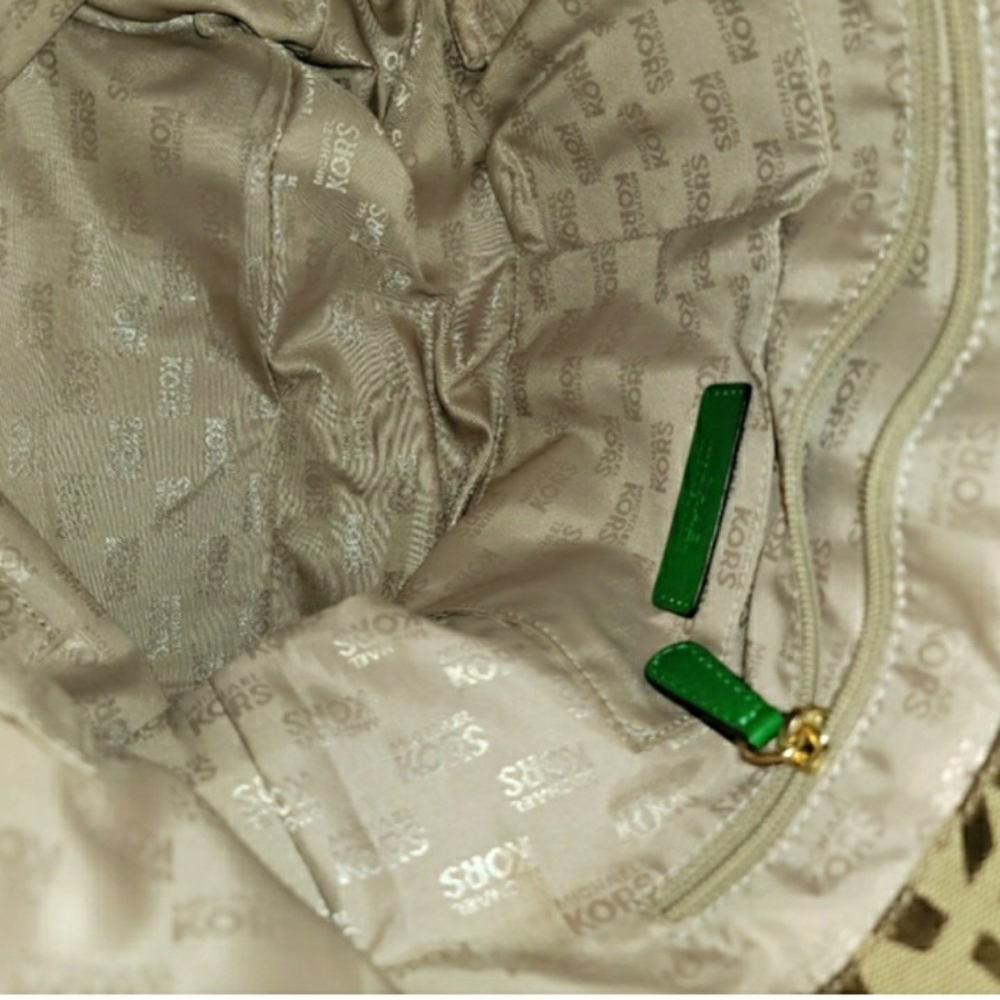 Michael Kors Brown MK Monogram Tote with Green Strap Accents EUC - Picture 6 of 6